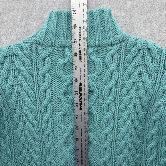 Aran Crafts Sweater Womens L Green Teal Merino Wool Cable Knit 1/4 Zip Ireland - Picture 6 of 7